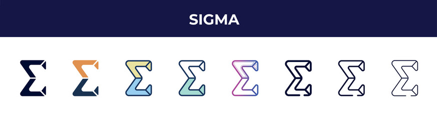 sigma icon in 8 styles. line, filled, glyph, thin outline, colorful, stroke and gradient styles, sigma vector sign. symbol, logo illustration. different style icons set.