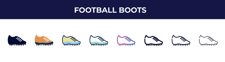 football boots icon in 8 styles. line, filled, glyph, thin outline, colorful, stroke and gradient styles, football boots vector sign. symbol, logo illustration. different style icons set.