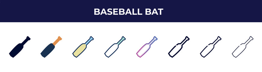 baseball bat icon in 8 styles. line, filled, glyph, thin outline, colorful, stroke and gradient styles, baseball bat vector sign. symbol, logo illustration. different style icons set.