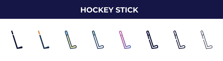 hockey stick icon in 8 styles. line, filled, glyph, thin outline, colorful, stroke and gradient styles, hockey stick vector sign. symbol, logo illustration. different style icons set.