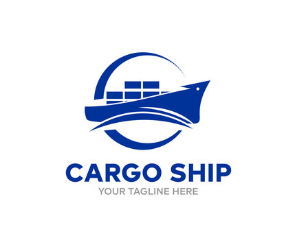 Cargo ship in the ocean, freight Transportation, shipping logo design. Nautical vessel, vector design and illustration.

