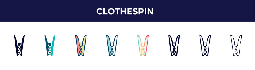 clothespin icon in 8 styles. line, filled, glyph, thin outline, colorful, stroke and gradient styles, clothespin vector sign. symbol, logo illustration. different style icons set.