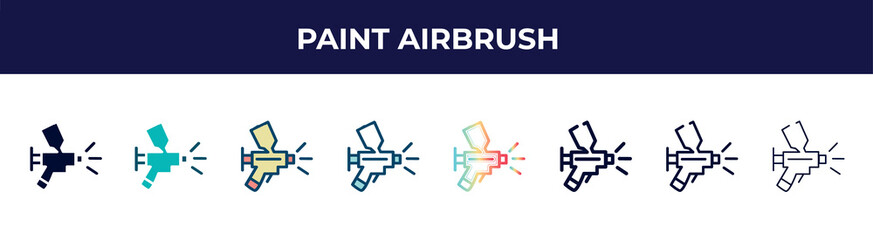 paint airbrush icon in 8 styles. line, filled, glyph, thin outline, colorful, stroke and gradient styles, paint airbrush vector sign. symbol, logo illustration. different style icons set.