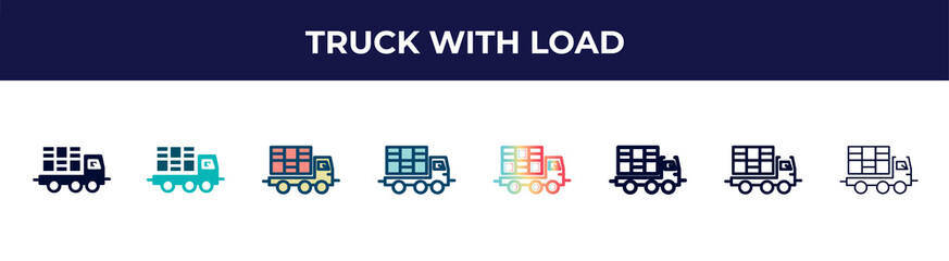 truck with load icon in 8 styles. line, filled, glyph, thin outline, colorful, stroke and gradient styles, truck with load vector sign. symbol, logo illustration. different style icons set.