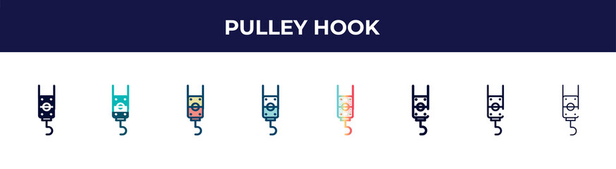 pulley hook icon in 8 styles. line, filled, glyph, thin outline, colorful, stroke and gradient styles, pulley hook vector sign. symbol, logo illustration. different style icons set.