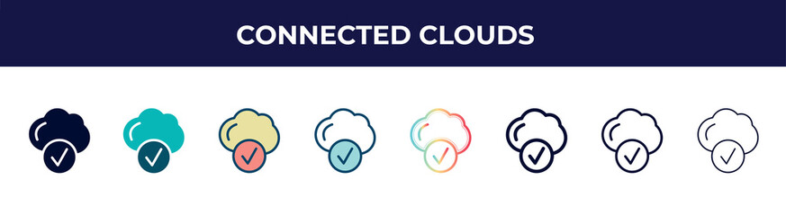 connected clouds icon in 8 styles. line, filled, glyph, thin outline, colorful, stroke and gradient styles, connected clouds vector sign. symbol, logo illustration. different style icons set.