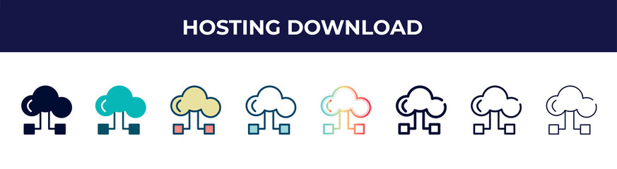 hosting download icon in 8 styles. line, filled, glyph, thin outline, colorful, stroke and gradient styles, hosting download vector sign. symbol, logo illustration. different style icons set.