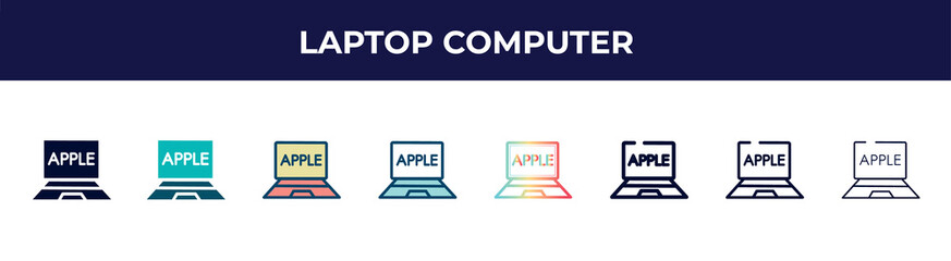 laptop computer icon in 8 styles. line, filled, glyph, thin outline, colorful, stroke and gradient styles, laptop computer vector sign. symbol, logo illustration. different style icons set.