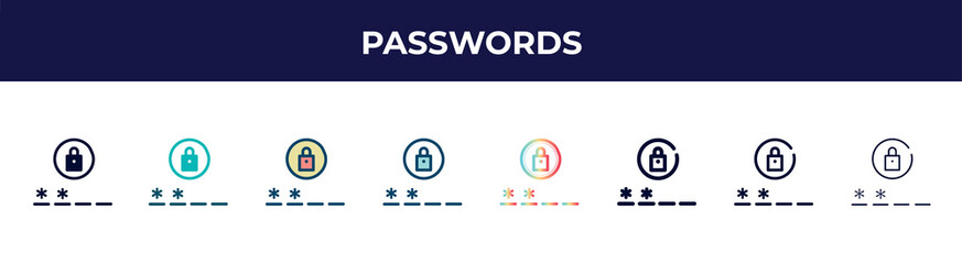 passwords icon in 8 styles. line, filled, glyph, thin outline, colorful, stroke and gradient styles, passwords vector sign. symbol, logo illustration. different style icons set.