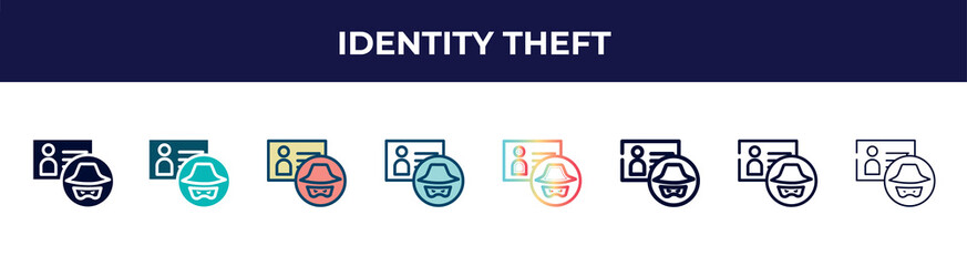 identity theft icon in 8 styles. line, filled, glyph, thin outline, colorful, stroke and gradient styles, identity theft vector sign. symbol, logo illustration. different style icons set. - obrazy, fototapety, plakaty