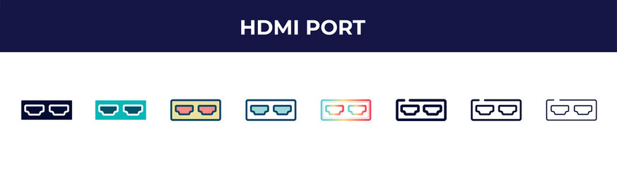 hdmi port icon in 8 styles. line, filled, glyph, thin outline, colorful, stroke and gradient styles, hdmi port vector sign. symbol, logo illustration. different style icons set.