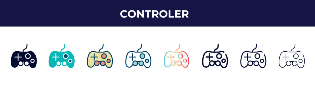 controler icon in 8 styles. line, filled, glyph, thin outline, colorful, stroke and gradient styles, controler vector sign. symbol, logo illustration. different style icons set.