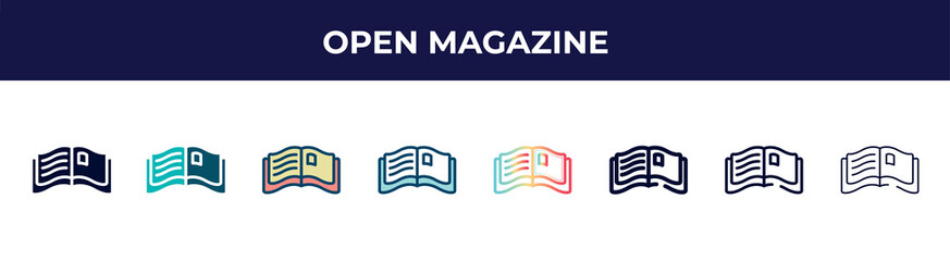 open magazine icon in 8 styles. line, filled, glyph, thin outline, colorful, stroke and gradient styles, open magazine vector sign. symbol, logo illustration. different style icons set.