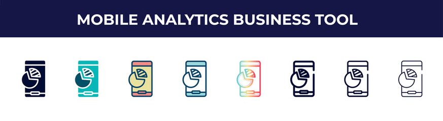 mobile analytics business tool icon in 8 styles. line, filled, glyph, thin outline, colorful, stroke and gradient styles, mobile analytics business tool vector sign. symbol, logo illustration.