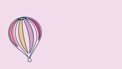 Hand drawn air balloon. One line and colorful art. Flat design. Space for text or image. Vector illustration.