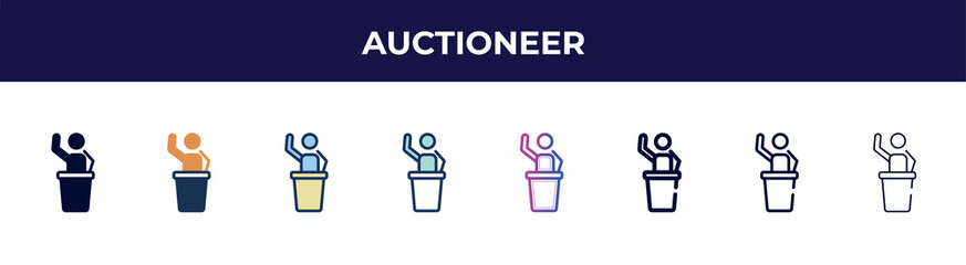 auctioneer icon in 8 styles. line, filled, glyph, thin outline, colorful, stroke and gradient styles, auctioneer vector sign. symbol, logo illustration. different style icons set.