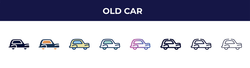 old car icon in 8 styles. line, filled, glyph, thin outline, colorful, stroke and gradient styles, old car vector sign. symbol, logo illustration. different style icons set.