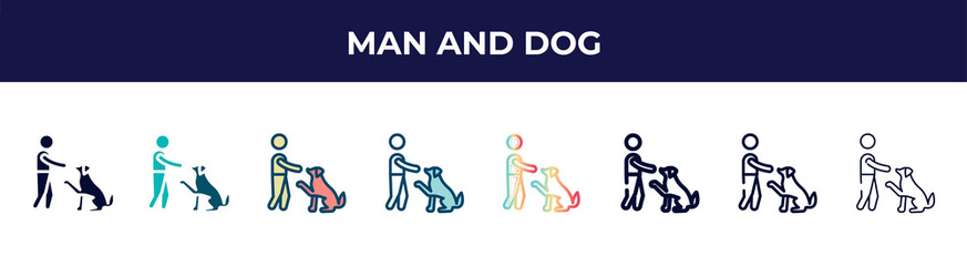 man and dog icon in 8 styles. line, filled, glyph, thin outline, colorful, stroke and gradient styles, man and dog vector sign. symbol, logo illustration. different style icons set.