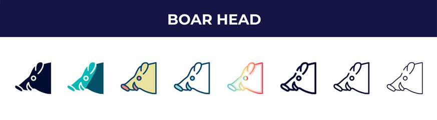 boar head icon in 8 styles. line, filled, glyph, thin outline, colorful, stroke and gradient styles, boar head vector sign. symbol, logo illustration. different style icons set.