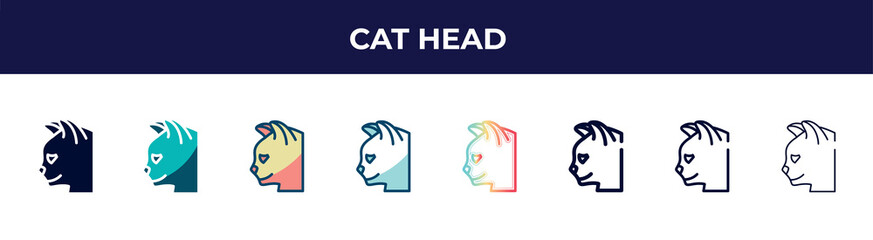 cat head icon in 8 styles. line, filled, glyph, thin outline, colorful, stroke and gradient styles, cat head vector sign. symbol, logo illustration. different style icons set.