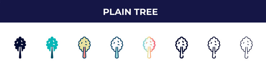 plain tree icon in 8 styles. line, filled, glyph, thin outline, colorful, stroke and gradient styles, plain tree vector sign. symbol, logo illustration. different style icons set.