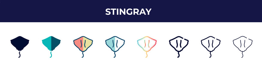 stingray icon in 8 styles. line, filled, glyph, thin outline, colorful, stroke and gradient styles, stingray vector sign. symbol, logo illustration. different style icons set.