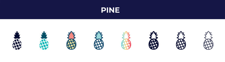 pine icon in 8 styles. line, filled, glyph, thin outline, colorful, stroke and gradient styles, pine vector sign. symbol, logo illustration. different style icons set.