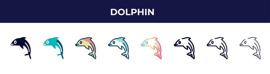 dolphin icon in 8 styles. line, filled, glyph, thin outline, colorful, stroke and gradient styles, dolphin vector sign. symbol, logo illustration. different style icons set.