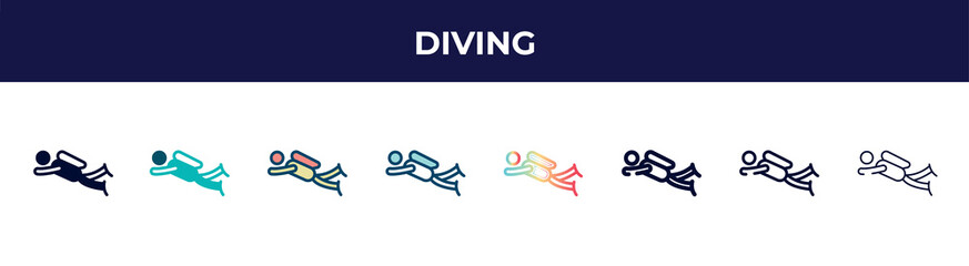 diving icon in 8 styles. line, filled, glyph, thin outline, colorful, stroke and gradient styles, diving vector sign. symbol, logo illustration. different style icons set.