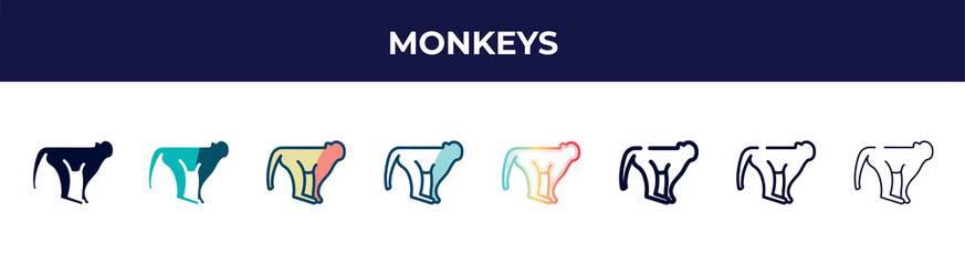 monkeys icon in 8 styles. line, filled, glyph, thin outline, colorful, stroke and gradient styles, monkeys vector sign. symbol, logo illustration. different style icons set.