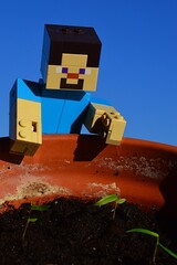 Naklejka premium LEGO Minecraft large figure of main character Steve, checking young seedlings of bamboo plants of Bambusa genus in large clay pot, spring daylight sunshine, blue skies.