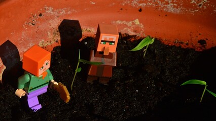 Fototapeta premium LEGO Minecraft figure of Alex with golden shovel and villager in his typical posture checking young nurseling of bamboo from Bambusa genus in large clay pot, spring morning sunshine.