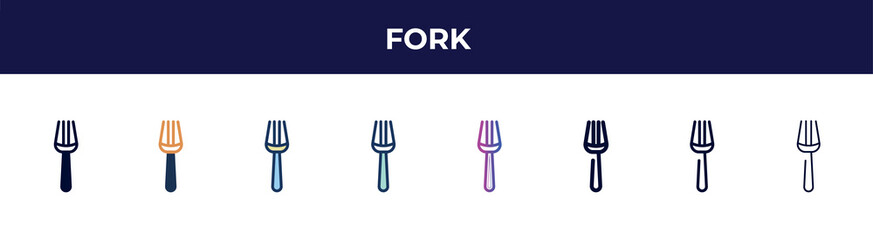 fork icon in 8 styles. line, filled, glyph, thin outline, colorful, stroke and gradient styles, fork vector sign. symbol, logo illustration. different style icons set.