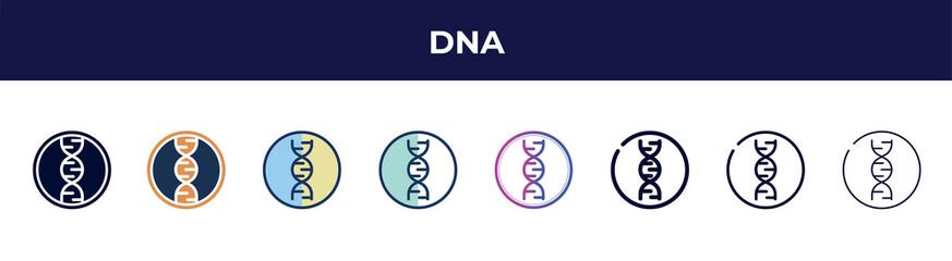 dna icon in 8 styles. line, filled, glyph, thin outline, colorful, stroke and gradient styles, dna vector sign. symbol, logo illustration. different style icons set.