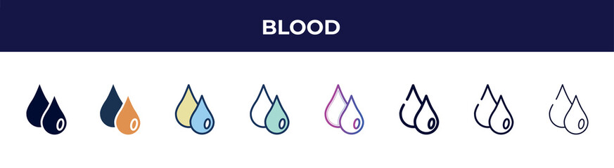 blood icon in 8 styles. line, filled, glyph, thin outline, colorful, stroke and gradient styles, blood vector sign. symbol, logo illustration. different style icons set.