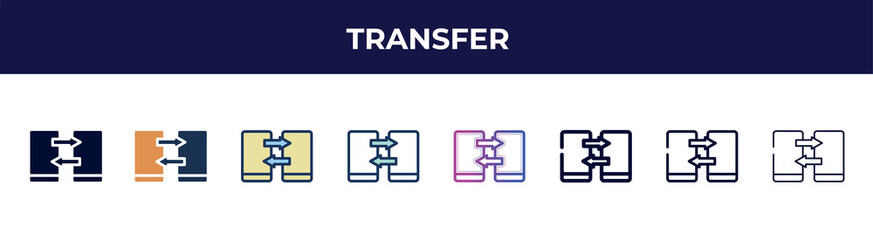 transfer icon in 8 styles. line, filled, glyph, thin outline, colorful, stroke and gradient styles, transfer vector sign. symbol, logo illustration. different style icons set.