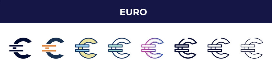 euro icon in 8 styles. line, filled, glyph, thin outline, colorful, stroke and gradient styles, euro vector sign. symbol, logo illustration. different style icons set.