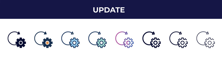 update icon in 8 styles. line, filled, glyph, thin outline, colorful, stroke and gradient styles, update vector sign. symbol, logo illustration. different style icons set.
