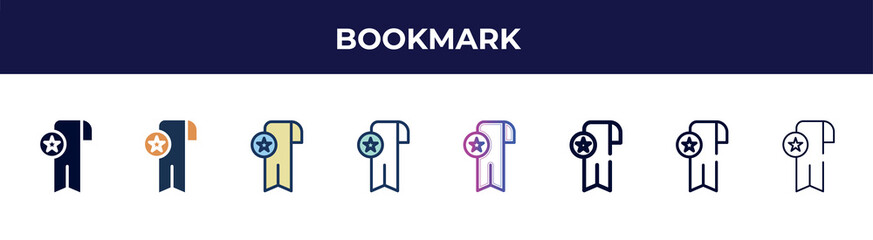bookmark icon in 8 styles. line, filled, glyph, thin outline, colorful, stroke and gradient styles, bookmark vector sign. symbol, logo illustration. different style icons set.