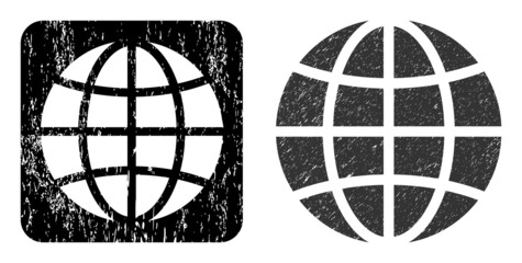 Vector globe subtracted icon. Grunge globe seal, done from icon and rounded square. Rounded square stamp seal contain globe carving inside. Vector globe grunge images.