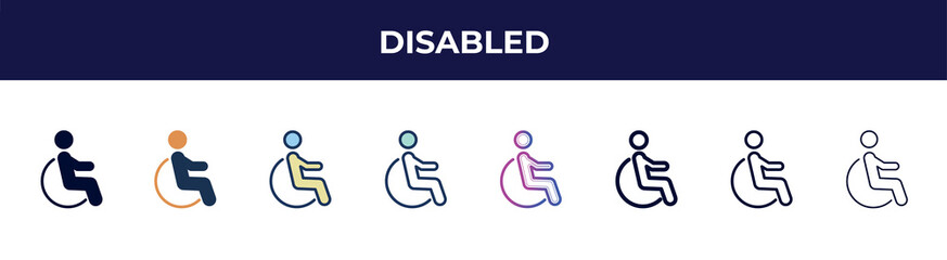 disabled icon in 8 styles. line, filled, glyph, thin outline, colorful, stroke and gradient styles, disabled vector sign. symbol, logo illustration. different style icons set.