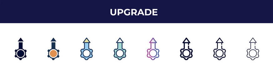 upgrade icon in 8 styles. line, filled, glyph, thin outline, colorful, stroke and gradient styles, upgrade vector sign. symbol, logo illustration. different style icons set. - obrazy, fototapety, plakaty