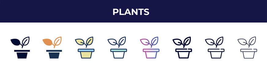 plants icon in 8 styles. line, filled, glyph, thin outline, colorful, stroke and gradient styles, plants vector sign. symbol, logo illustration. different style icons set.