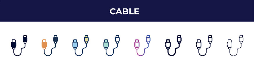 cable icon in 8 styles. line, filled, glyph, thin outline, colorful, stroke and gradient styles, cable vector sign. symbol, logo illustration. different style icons set.