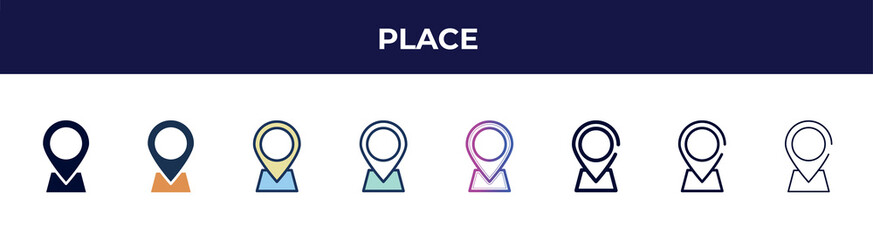 place icon in 8 styles. line, filled, glyph, thin outline, colorful, stroke and gradient styles, place vector sign. symbol, logo illustration. different style icons set.