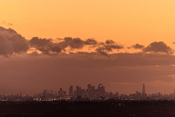 London Docklands skyline at sunset