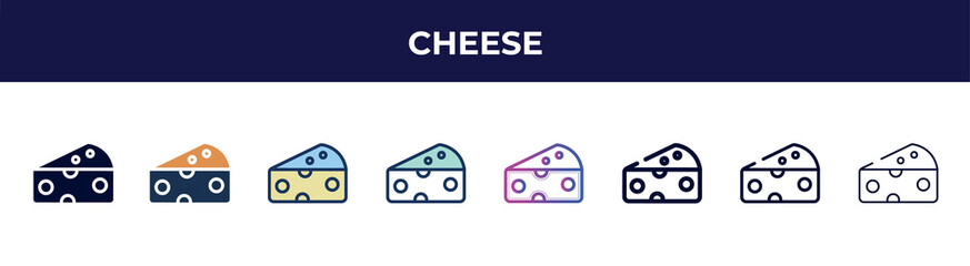 cheese icon in 8 styles. line, filled, glyph, thin outline, colorful, stroke and gradient styles, cheese vector sign. symbol, logo illustration. different style icons set.