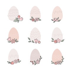 Set of simple pastel easter eggs with flower line ornate for template of card, mail, offer, story.