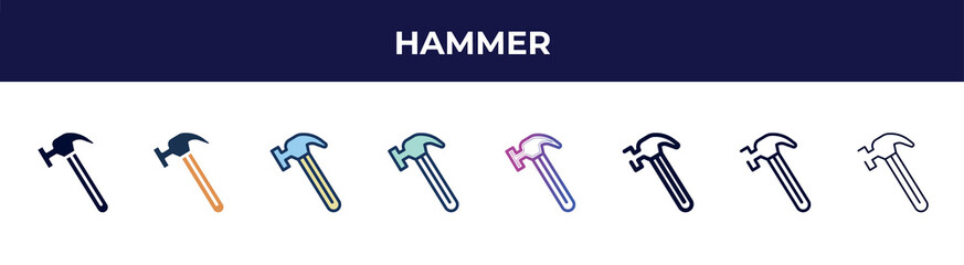 hammer icon in 8 styles. line, filled, glyph, thin outline, colorful, stroke and gradient styles, hammer vector sign. symbol, logo illustration. different style icons set.