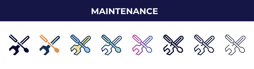 maintenance icon in 8 styles. line, filled, glyph, thin outline, colorful, stroke and gradient styles, maintenance vector sign. symbol, logo illustration. different style icons set.